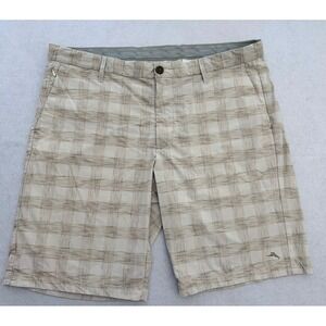 Tommy Bahama Boracay Plaid Shorts Mens Beige Tan Flat Front Casual Island Wear